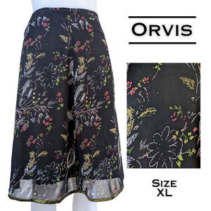 VTG Orvis A-Line Skirt Size XL Black Red White Floral Sheer Flowy Dressy Career